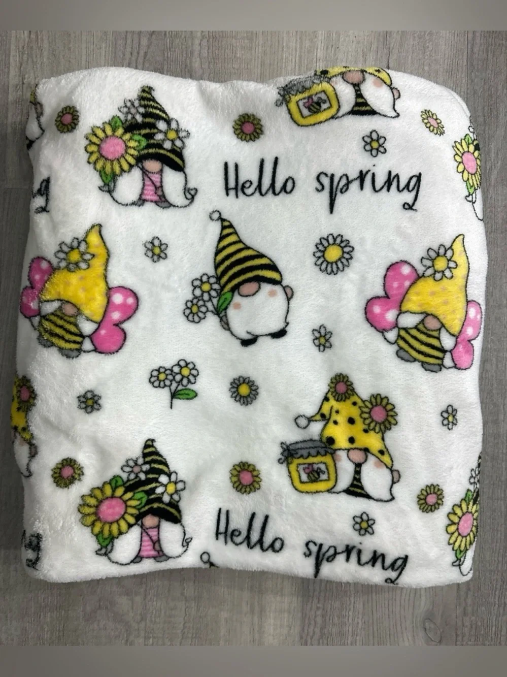 Hello Spring Plush Blanket - Yellow & Pink Gnome Design